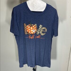NWT Medium AUTUMN Fall T-Shirt Heathered Blue CUTE pumpkin decal